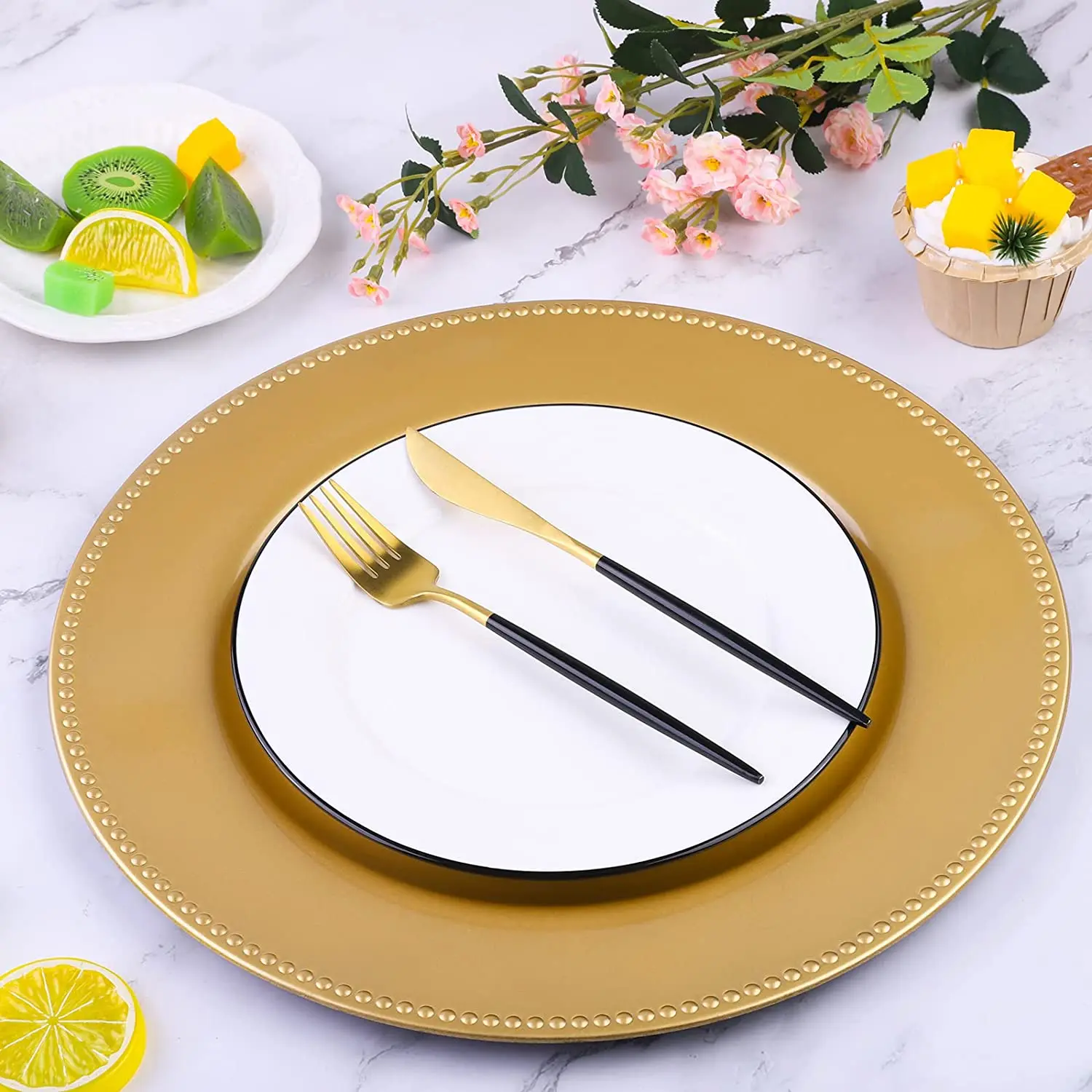 

100 pcs Plastic Gold Charger Plates, 13" Round Beaded Charger Plates Decorative Dinner Chargers, Embossed Charger Serving Plates