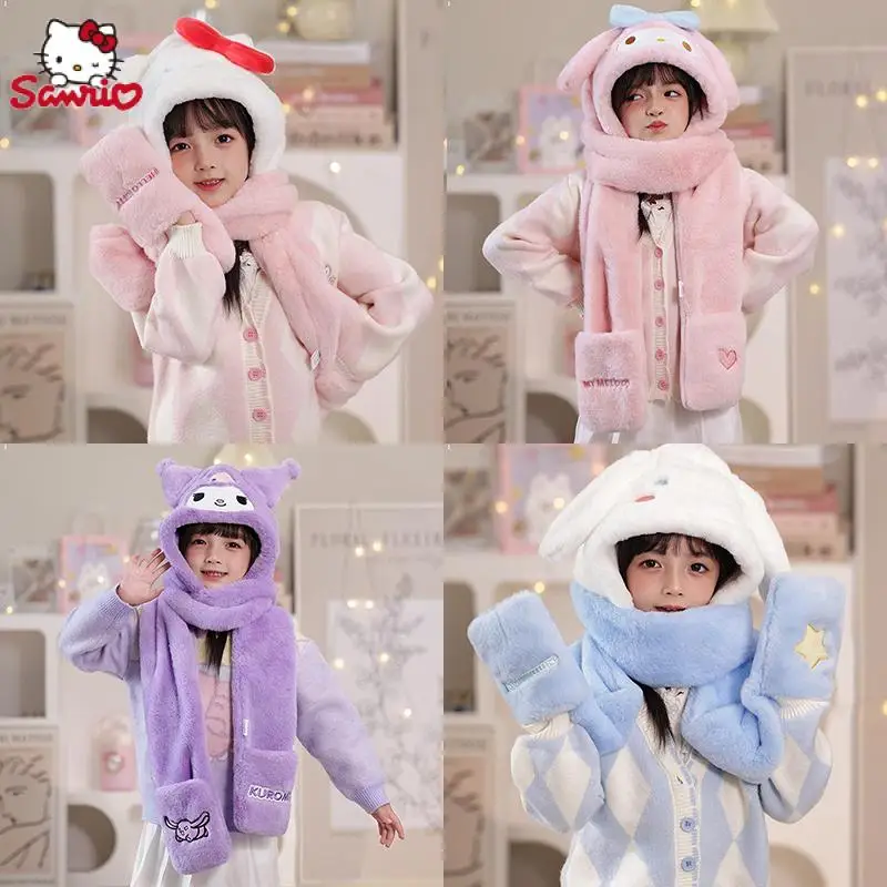 

Cartoon Sanrio Plush Hello Kitty Kuromi Cinnamoroll Kawaii Girl Gloves Scarf Hat Three-Piece Student Winter Warm Suit Kids Gifts