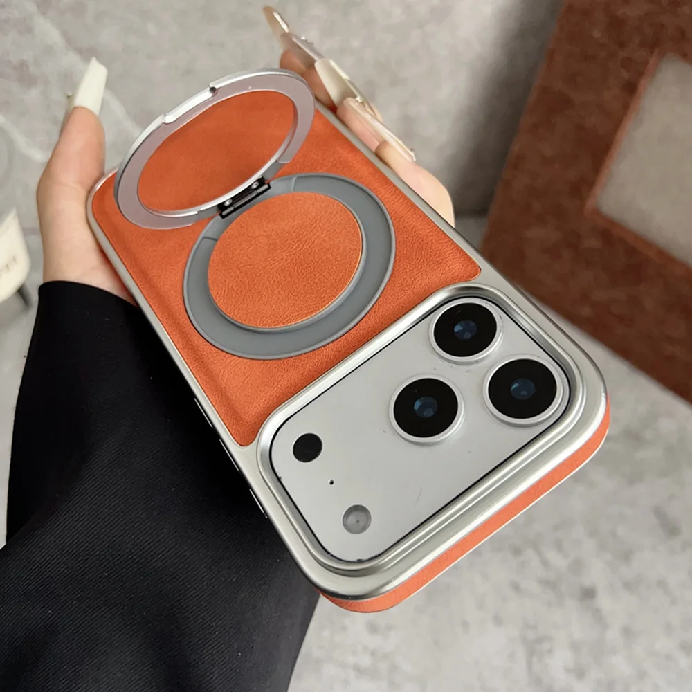 Elegant Rotating Magnetic Leather Phone Stand Case with Air Plating Hybrid Protector Cover