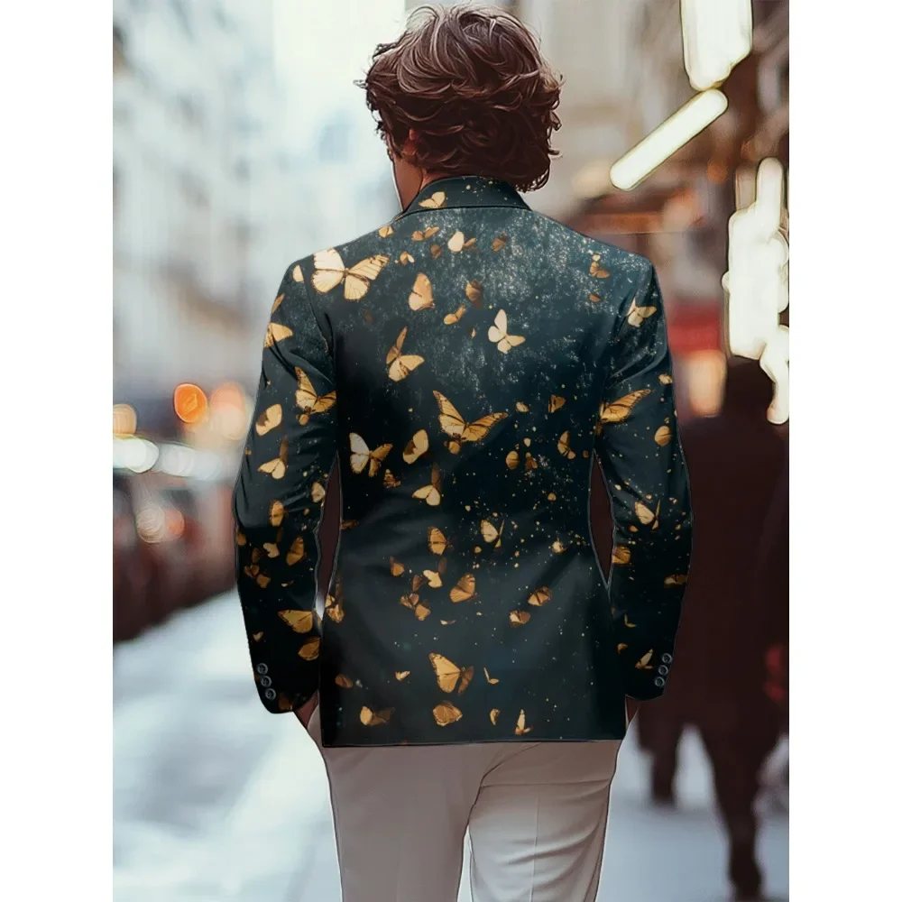 Black and Gold Butterfly Print Mens Blazer Vintage Suit Jacket Black Punk Style Blazers Business One Button Slim Fit Coat 9XL