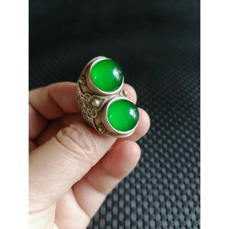 Collezione Antica Vintage Vecchio Argento Intarsiato Verde Calcedonio Agata Anello Miao Argento Bocca Aperta Anello Anelli All'Ingrosso