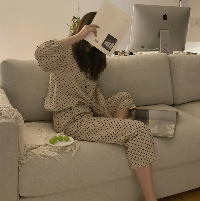 Dot Print Autumn Pajamas Set Women Korean Single Breasted Shirts + Trousers Suit Cotton Vintage Harajuku Two Piece Home Suit