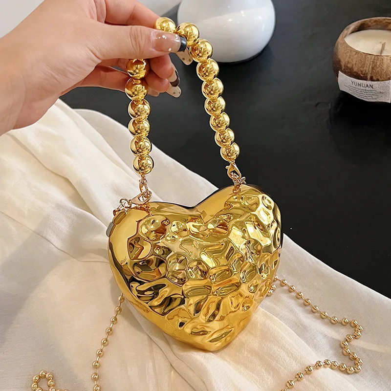 Mini Heart Shaped Acrylic Clutch Handbag Bead Top Handle Designer Women Plating Shiny Lipsticks Box Party Shoulder Bag