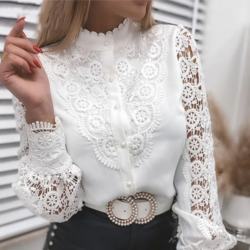 

2024 Spring Autumn Fashion White O-neck Button Long Sleeve Shirts Elegant Women's Sexy Lace Patchwork Hollow Out Shirt Blouses