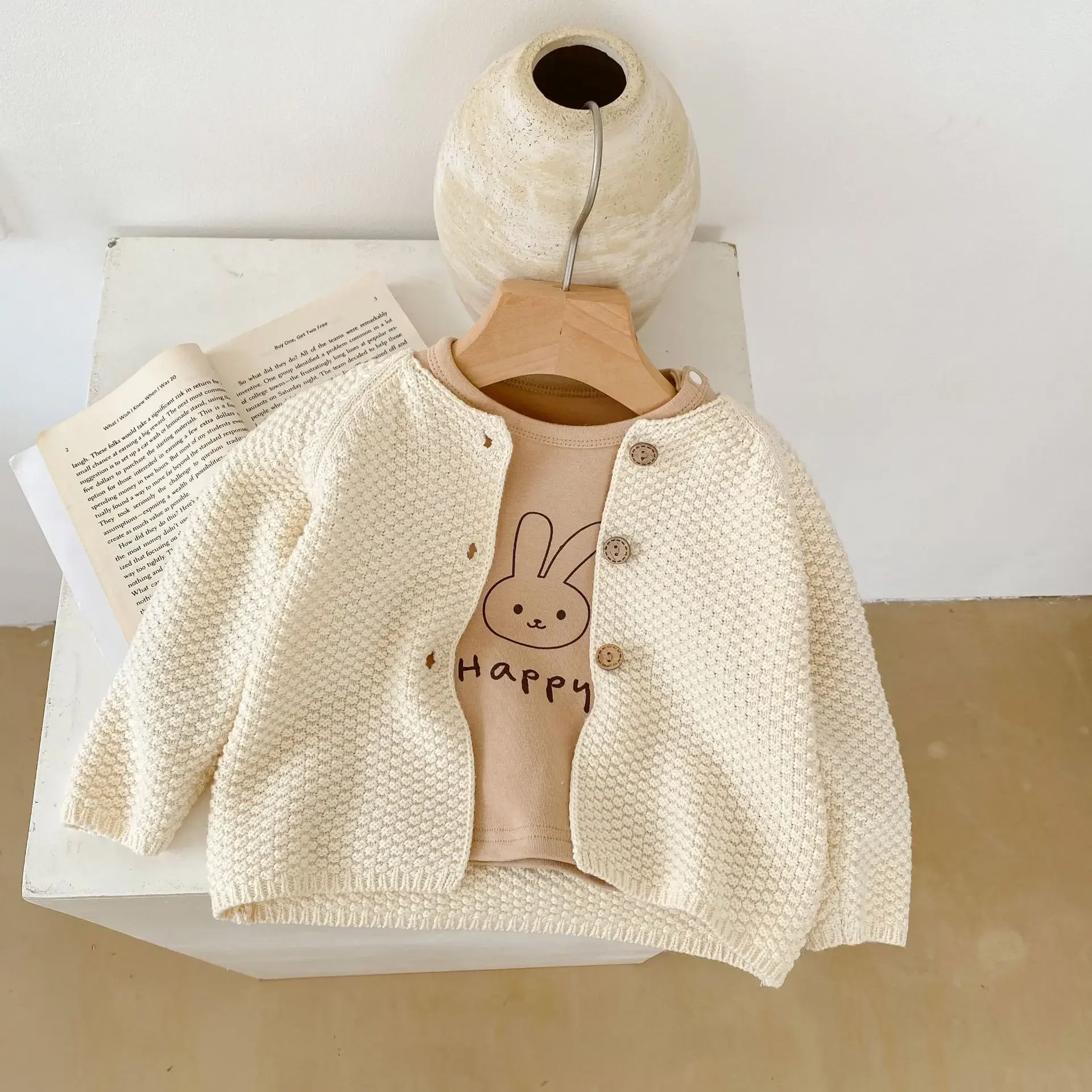 4465C Baby Sweater Coat Spring New Corn Round Neck Knitted Sweater Solid Color Boy's Cardigan Coat Girl