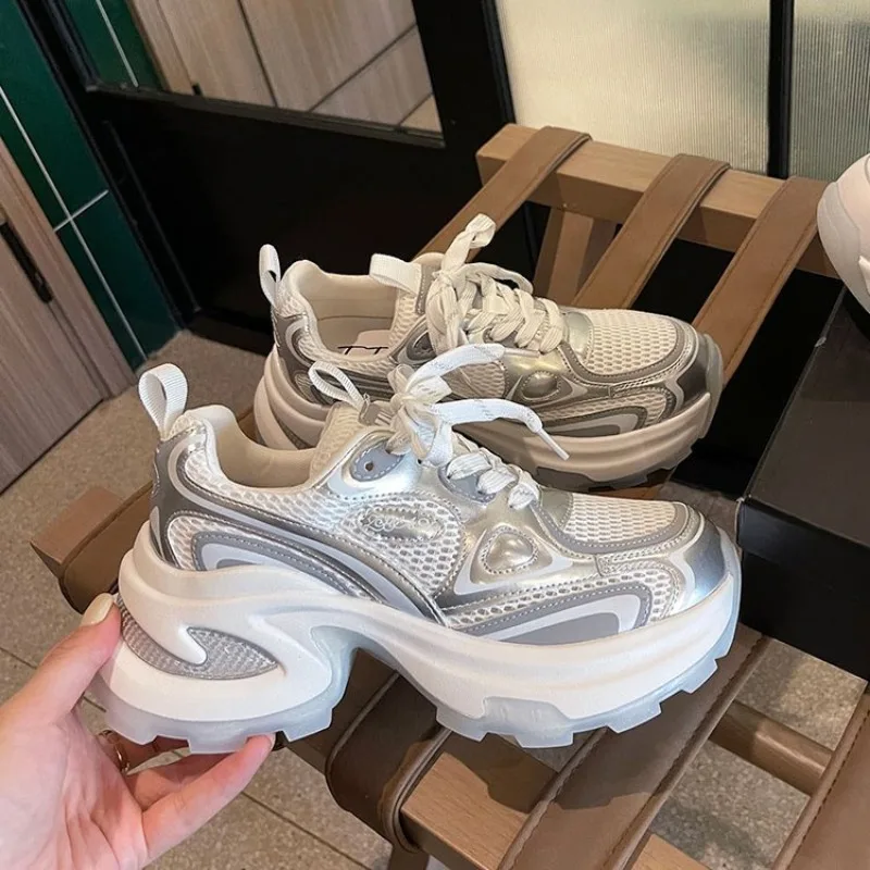 

Женские сетчатые туфли на шнуровке, повседневные спортивные туфли на толстой подошве, увеличивающие рост, 40 цветов, новинка 2024