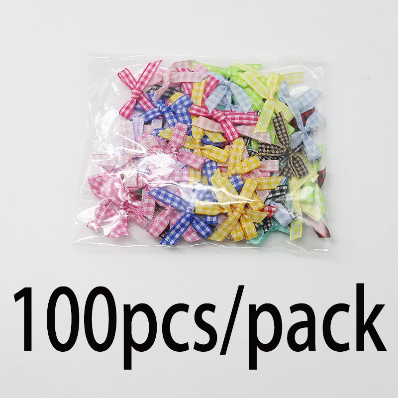 (100 Pcs/pack) 3.5cm Checkered Bow Colorful Mini Ribbon Christmas Bow Wedding Candy Box Packaging Festival Party Decoration