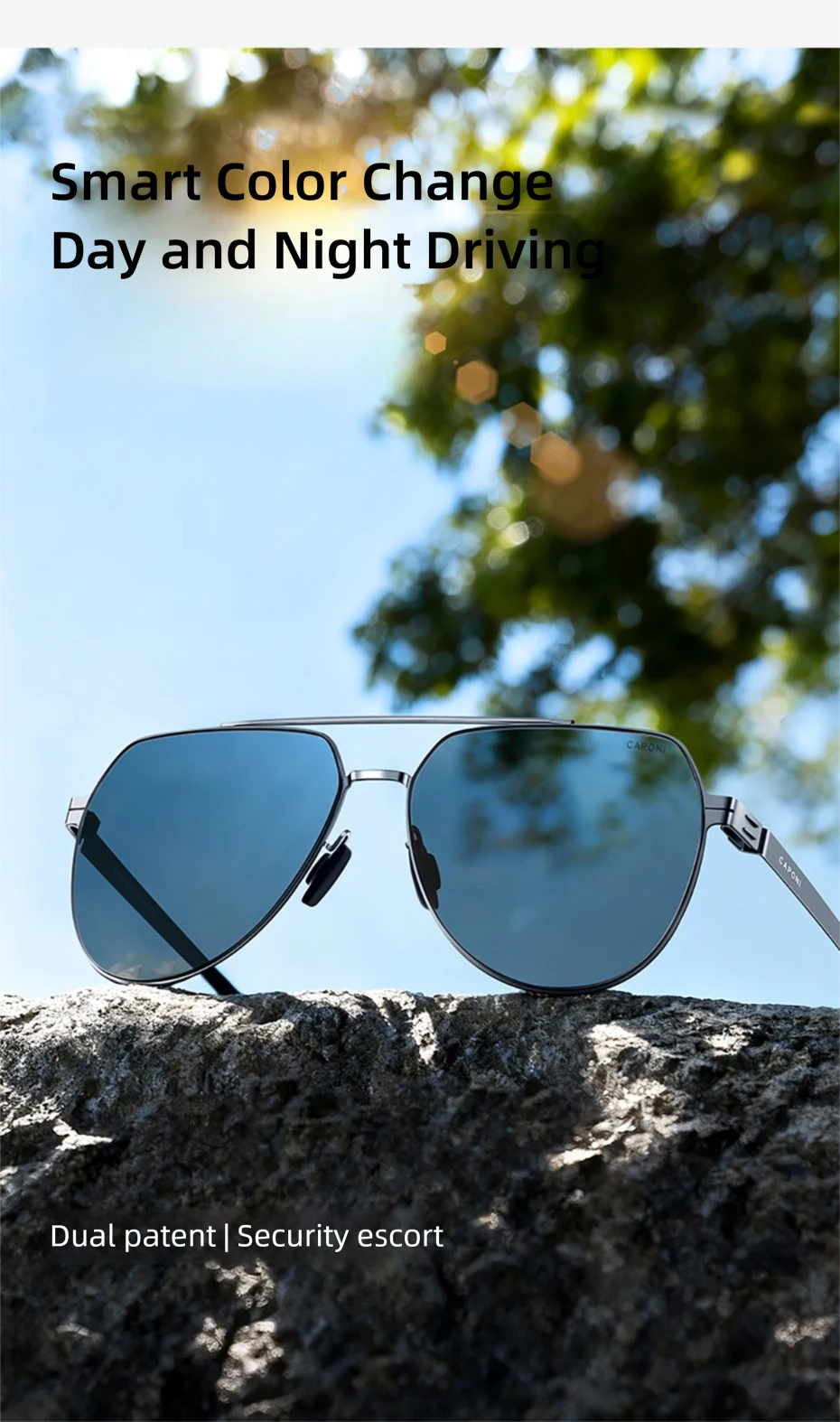 CAPONI Polarisierte Herren-Sonnenbrille für den Außenbereich, photochrom, Doppelbrücke, Edelstahl-Sonnenbrille, blendfrei, schwarzer Farbton, BS34729 – Detail 4