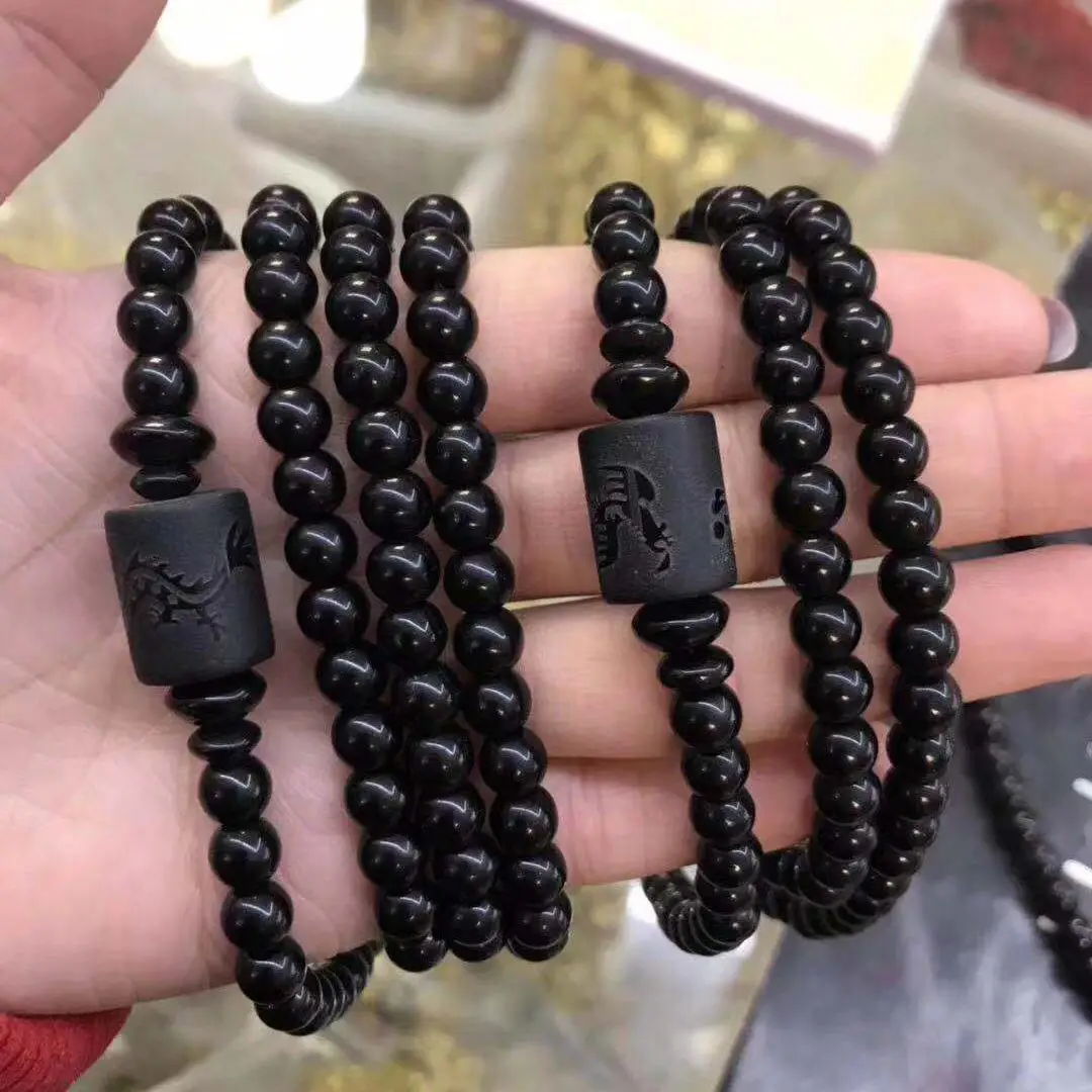 Black Obsidian Bracelet Buddhist Prayer Blessing Stone Ball Beads Jewelry Gift Frosted Dragon Phoenix Present