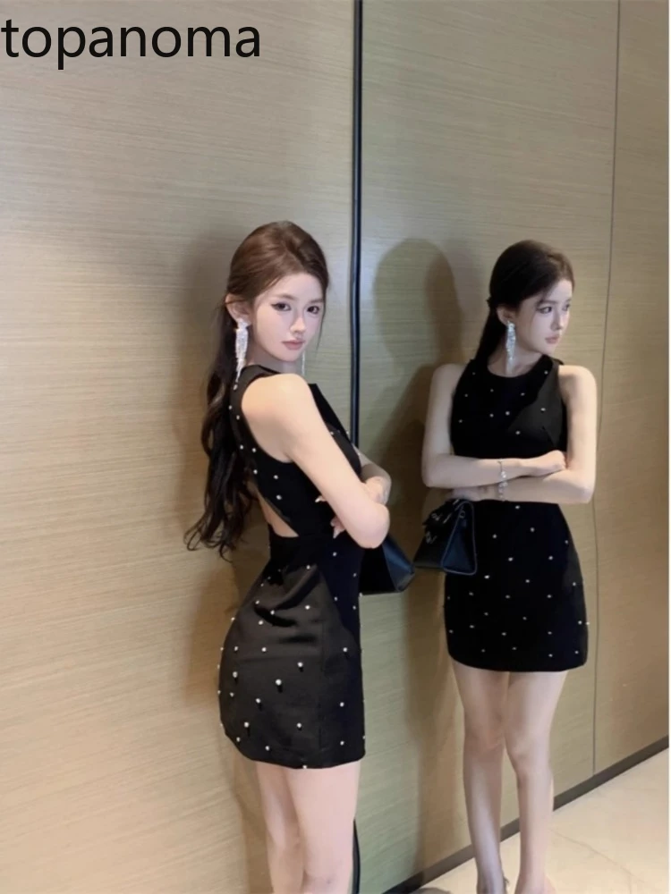 

Topanoma Women Evening Dress Vintage Backless Rhinestone Sleeveless Sexy Elegant Party Mini Dresses Cocktail Banquet Birthday