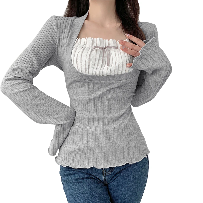 Xingqing Elegant Lady Square Collar T Shirt Kawaii Clothes Fairy Grunge Long Sleeve Ribbed Tops y2k Tees 2000s Women Streetwear 3