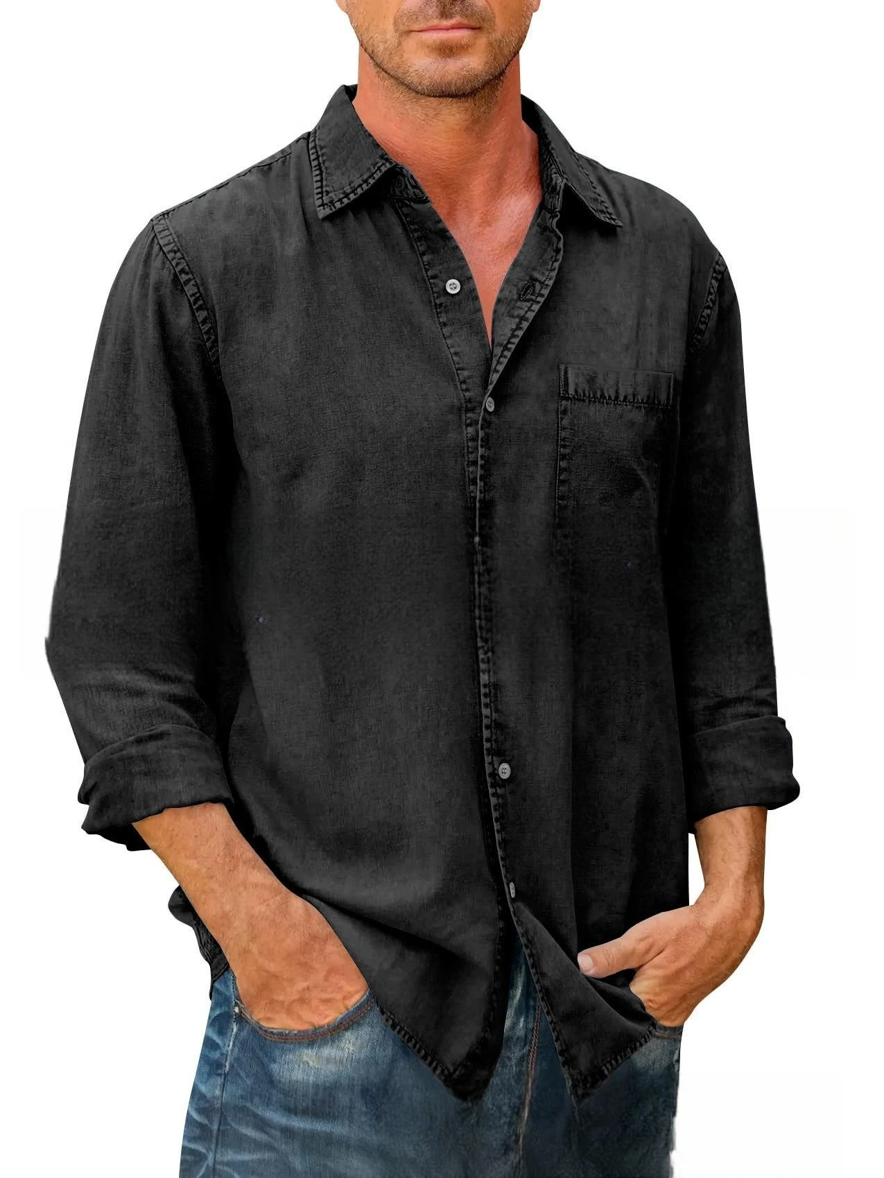 Men Cotton Denim Long Sleeve Casual Solid Color Shirt Spring Autumn Fashion Vintage Jeans Shirt Tops S-5XL