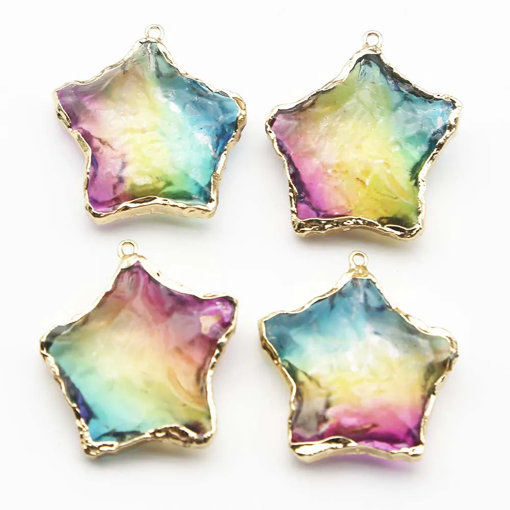 Natural Raw Ore Colour Crystal Five Pointed Star Gold Eedged Necklace Pendant Mineral Healing Jewelry Accessories Wholesale 8Pcs