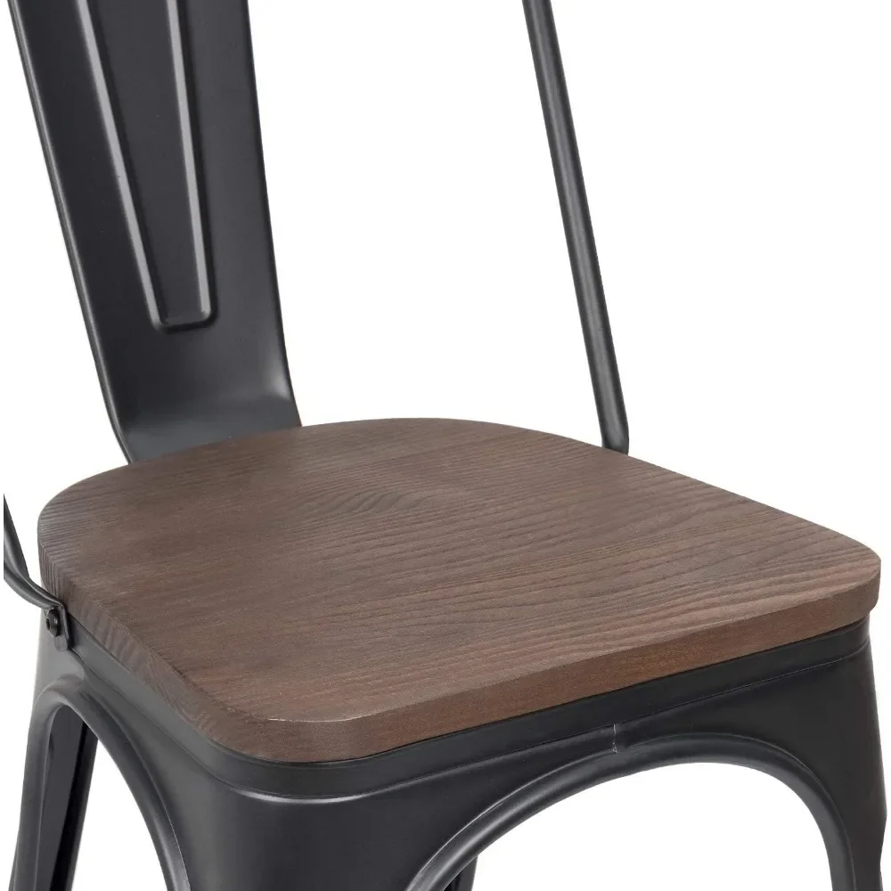 Metal Dining Chair Stackable Industrial Vintage Kitchen Chairs Indoor-Outdoor Bistro Cafe Side Chairs with Back and Wooden Seat 3