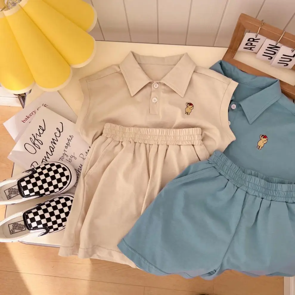 Summer baby cartoon Lapel sleeveless suit 0-6 years old boys and girls pure cotton polo shirt shorts casual two-piece set Baby Clothing Set classic