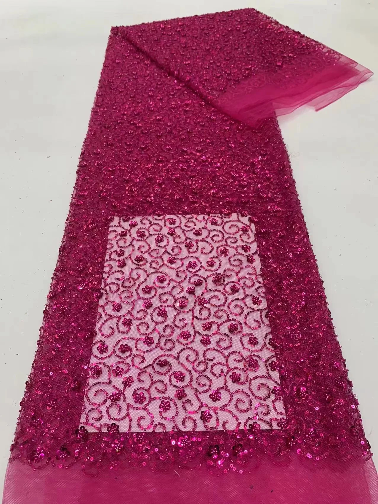 

Luxury African Heavy Bead Lace Fabric 2023 High Quality 5 Yards Nigerian Sequins French Tulle Fabric Material For Wedding Party