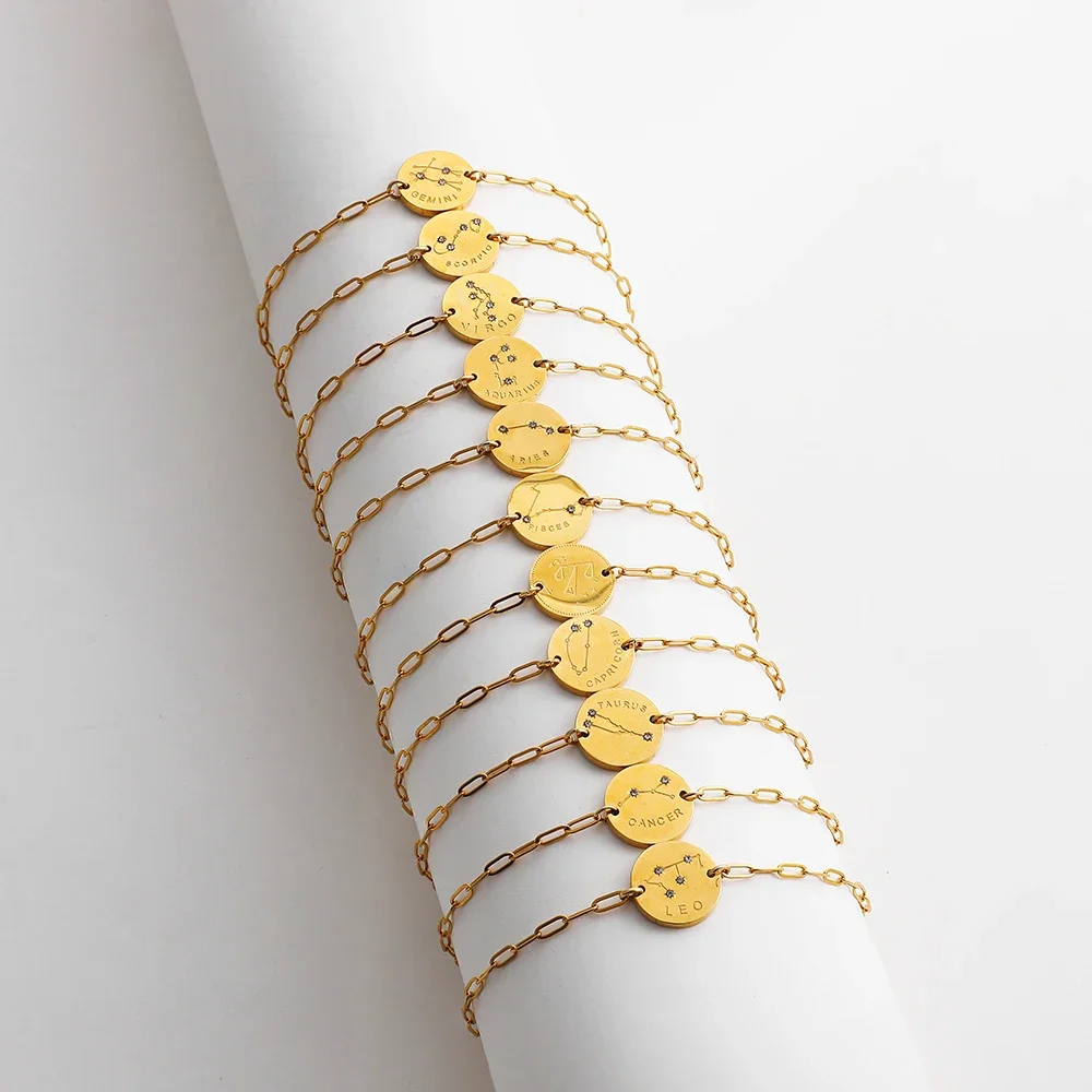 New Handmade Engraved 12 Constellation Pattern Symbol Bracelet Waterproof Hypoallergenic Paper Clip Chain Zodiac Sign Bracelets