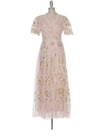 فستان حفلات نسائي بخصر عالٍ ، شاش أنيق ، كشكشة ، أكمام قصيرة ، تطريز زهور ، موضة ، جديد ، ربيع ، أو 13DB5099 1