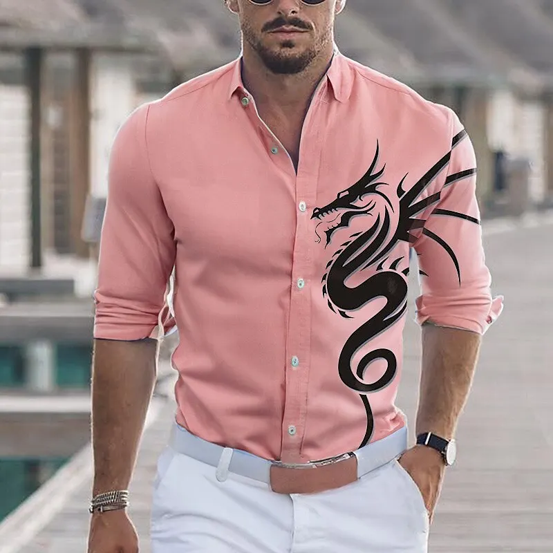 Men's Shirts Animal Dragon Totem Print Long Sleeve Shirts High End Design Clothing Casual Men's Open Collar Tops
