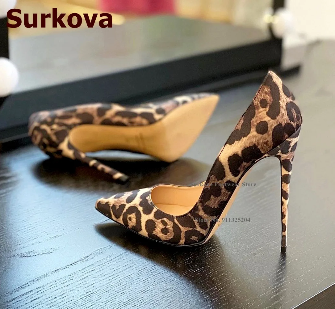 

Surkova Sexy Leopard Satin Cloth High Heel Shoes 12CM 10CM 8CM Stilettos Pointed Toe Shallow Pumps Slip-on Silk Footwear Size45