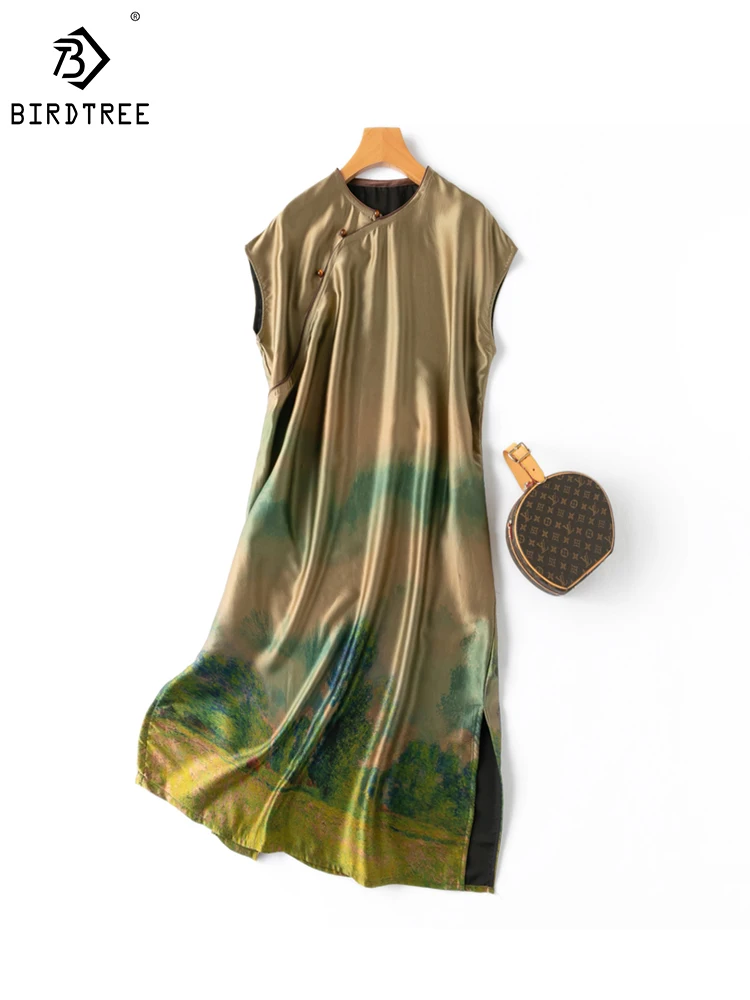 

Birdtree Chinese Style 40MM 100%Mulberry Silk Heavy Satin Cloud Gauze Round Neck Short Sleeve Mid-Robe Cheongsam Dress D38328QD