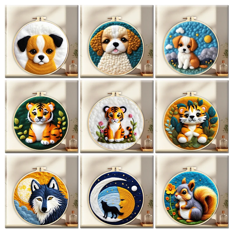 CHENISTORY Felt Painting Kit For Beginners Dog Tiger Wolf Animal Wool Felt Painting Set With Wool Needle Felting Kit Home Decor