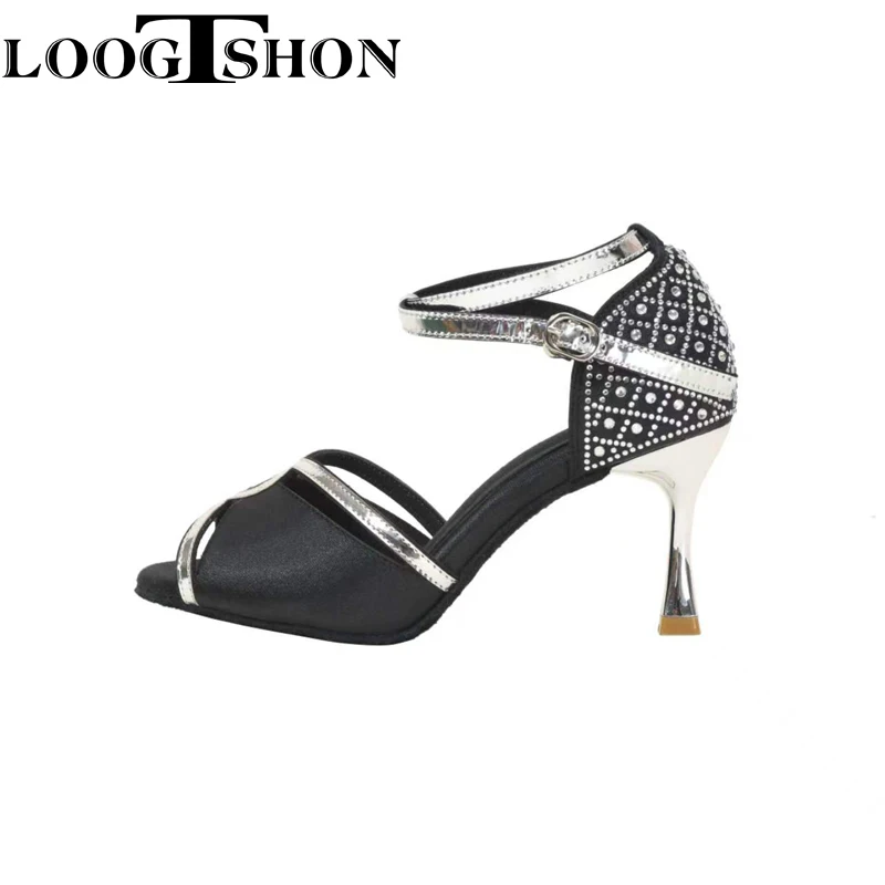 

Loogtshon Стразы профессиональная танцевальная обувь для латиноамериканских танцев 9 см розовая черная женская танцевальная обувь Мягкая танцевальная обувь для самбы румбы ча-ча промо