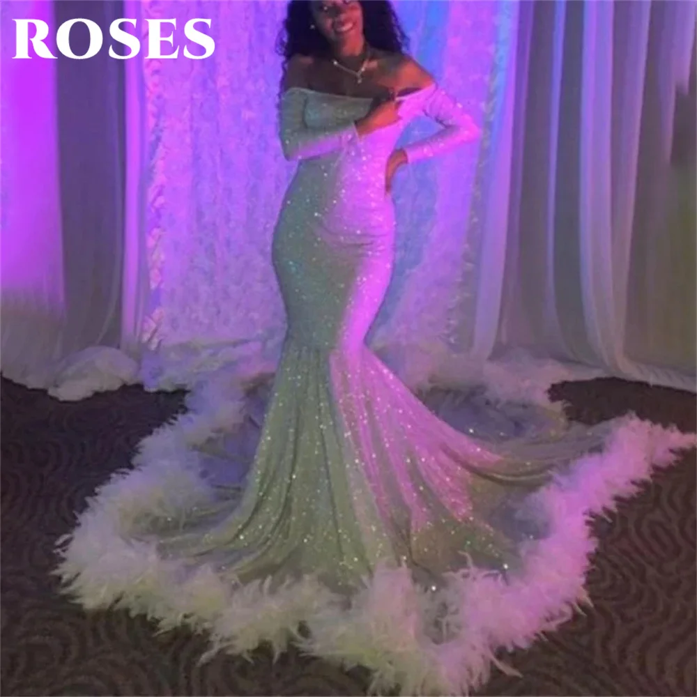 

ROSES Simple White Off The Shoulder Evening Dress Strapless Trumpet Satin Party Dress with Sequin 프롬드레스 Feathers Prom Dress