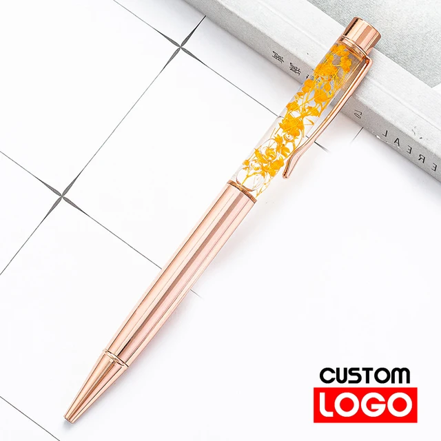 New Eternal Life Flower Oil Pen Metal Ballpoint Pen Lettering Engraved Name Advertising Pen Custom Logo Stationery Wholesale Style 2 - Rose Gold