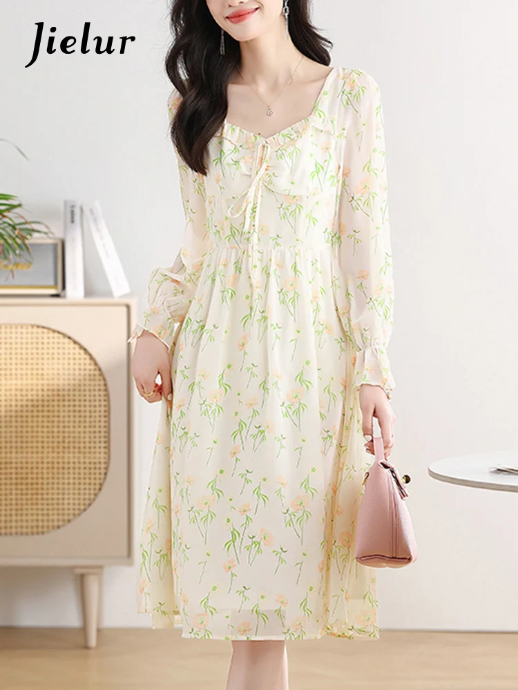 

Jielur Новое французское платье в стиле ретро с длинным рукавом женское милое элегантное шифоновое платье-трапеция с цветочным рисунком женское кружевное платье