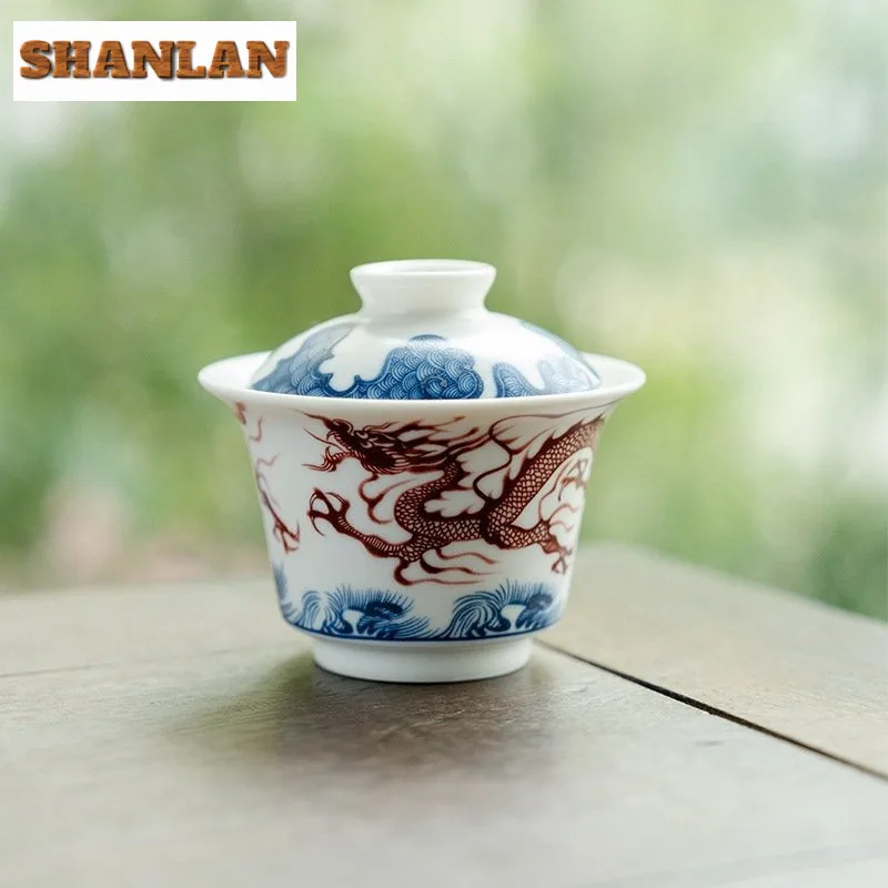 150ml Blue And White Cover Bowl Creative Dragon Pattern Ercai Gaiwan Antique Tea Tureen Tea Maker Chinese Items Ornaments