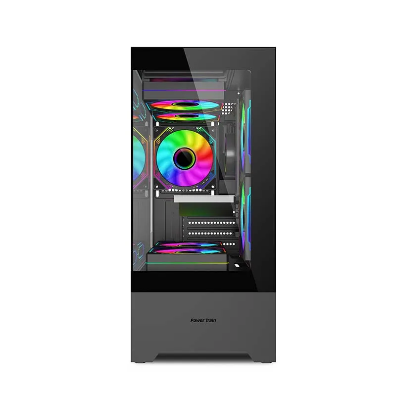 파워 트레인 huanjing 3 데스크탑 컴퓨터 케이스는 240 수냉식을 지원하며, 스탠드 없는 M-ATX 디자인으로 듀얼 글래스 패널을 특징으로 합니다.