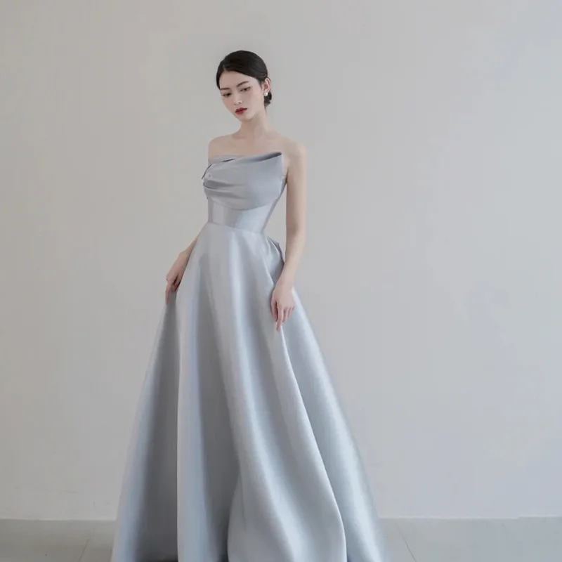 

Satin Strapless Wedding Dress Women Gray Pleated A-line Floor Length Cocktail Dresses Elegant Simple Sleeveless Evening Gown