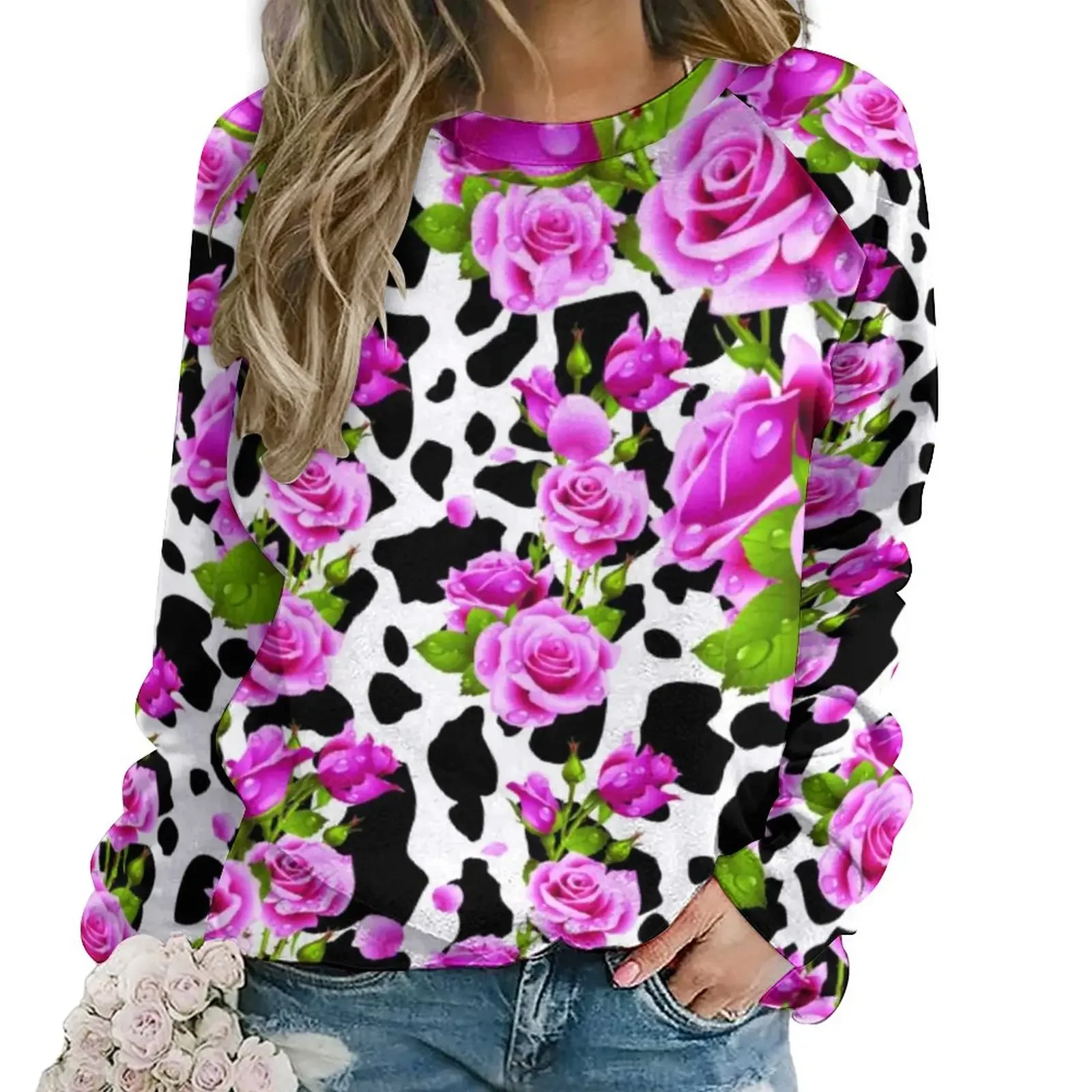 

Cow Print And Roses Placed Hoodies Autumn Spots Flower Streetwear Oversized Hoodie Long Sleeve Elegant Design Casual Tops