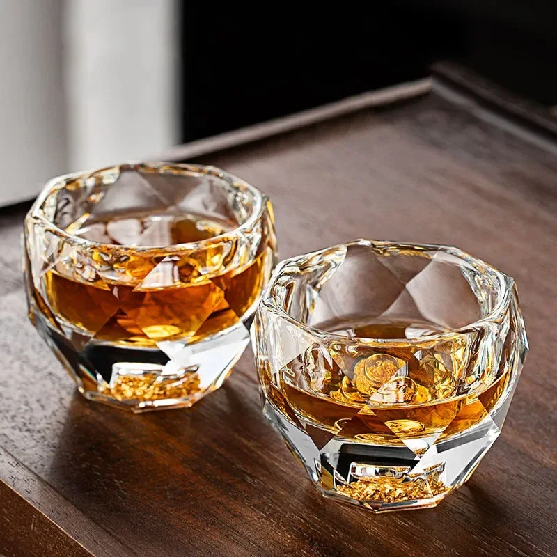 50ml Diamond Cutting Crystal Liquor Glasses for Whiskey Black Tea Double Bottom Glass Sake Soju Brandy Tea Cup