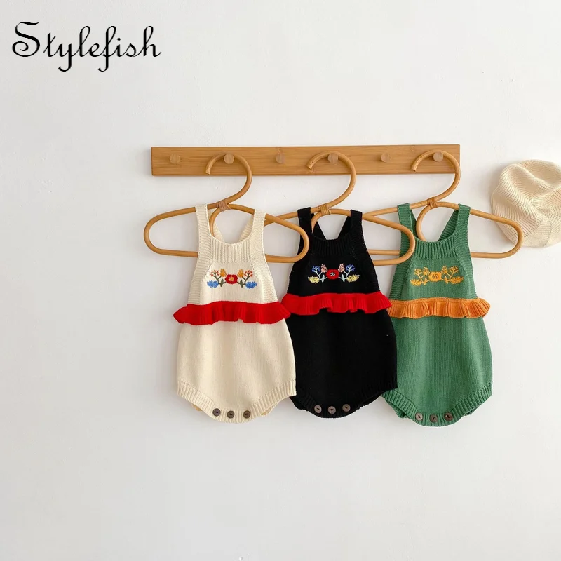 2022 Primavera Vestiti Per Bambini All'Ingrosso Natura Vestiti Per Bambini Piccolo Filato Di Cotone Lavorato A Maglia Ricamato Pagliaccetto Inverno Pe