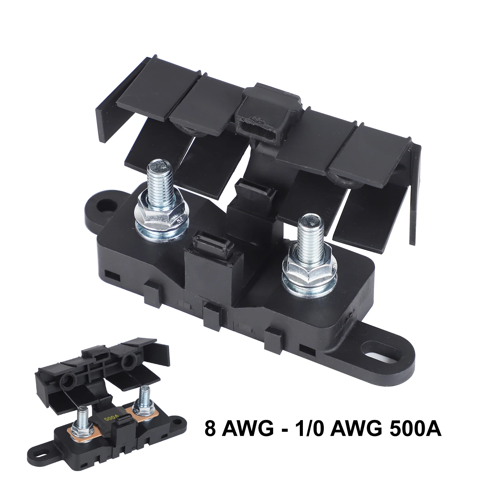 FLEX-MEGA Fuse Holder 500A 70V Bolt Down Auto Fuse Block/Holder For Car RV Boat M8 Stud Hole Flammability Rating UL94 Black