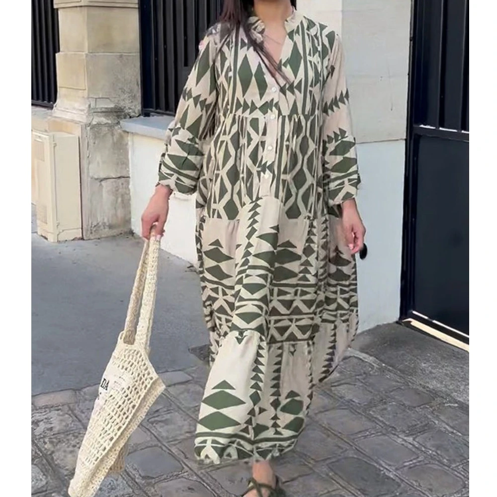 

Wepbel Dress V-neck Casual Full Length Loose Printed Shirt Big Swing Dress Summer Fashion Women's Long-Sleeved Maxi Dress