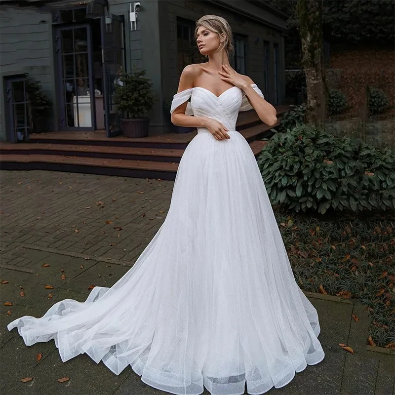 

Graceful Off The Shoulder Glitter Tulle Wedding Dress Sleeveslss Sweetheart A Line Bridal Gowns Robe De Mariée Sweep Train 2023