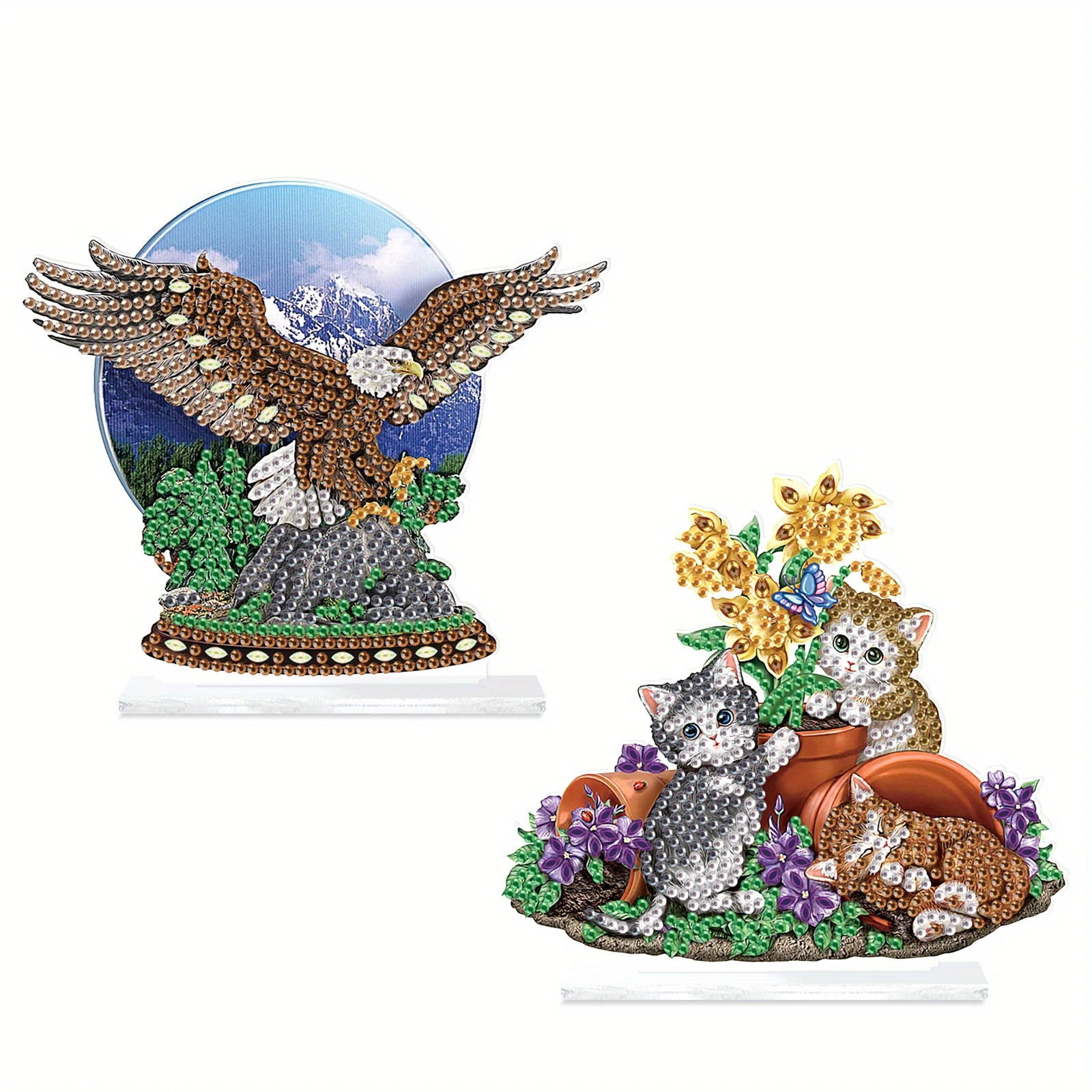 Diamond Painting 2PCS Stand Up Diamond Art Painting Kit Ornament Eagle and Cats 5D DIY Irregular Shaped Crystal Diamond Painting Table Ornaments