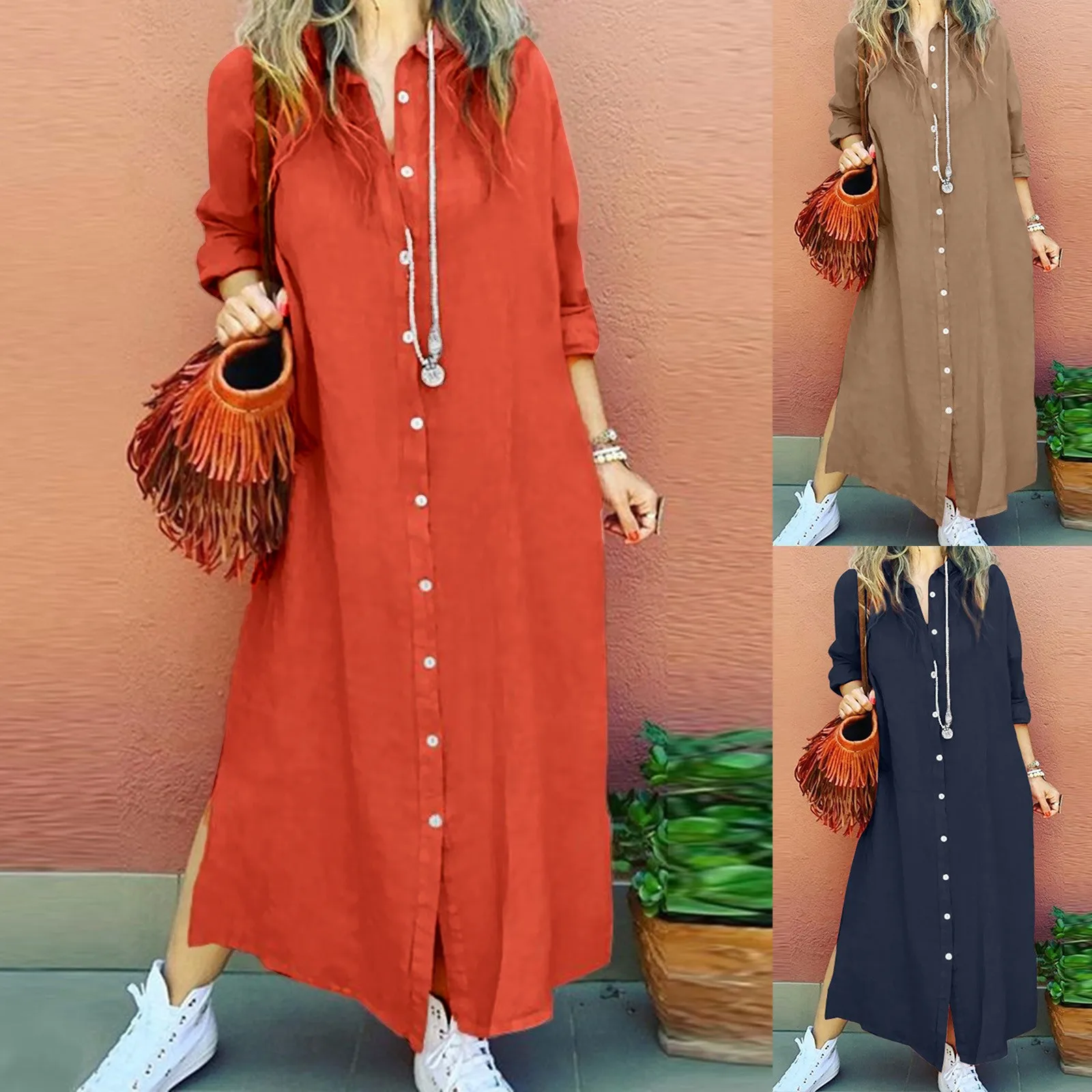 

Women Bohemian Polka Dot Print Muslim Dress Long Sleeves Islamic Prayer Clothes Ciao Dress
