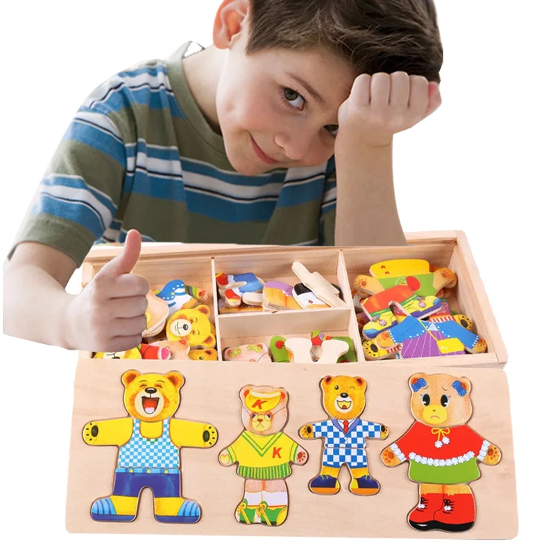 Children Puzzles Toys Little Bear Change Clothes Set Wooden Puzzle Early Education Jigsaw Dressing Game Toys For Baby Gifts