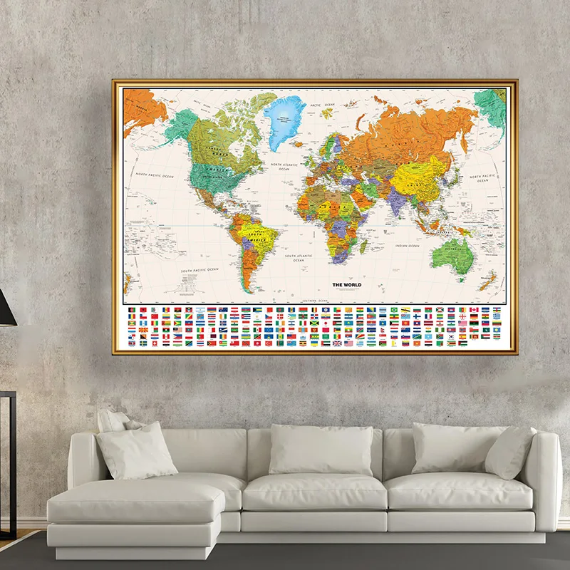 World Map Poster Retro World Map in English Classic Edition 100*70cm Unframed Canvas Painting Wall Art Print Office School Supplies