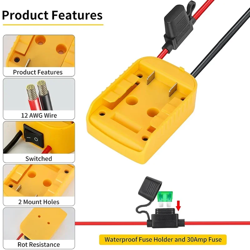 Battery Adapter With Fuse And Switch For Dewalt 20V /18V DCB200 DCB203 DCB205 DCB206 Li-Ion