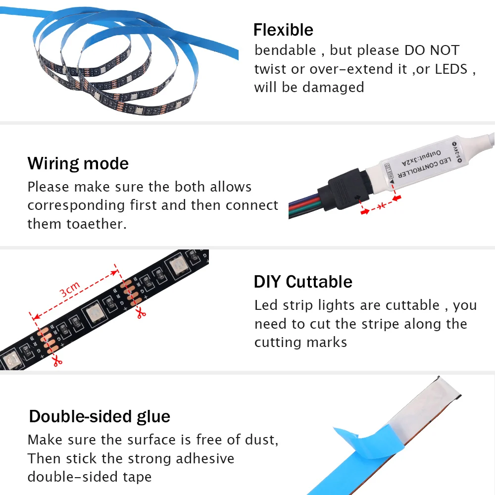 LED Strip Lights LED Strip Light LED Light Strip DC 5V Remote Control 5050 30Leds/m Battery Power Changing Color Waterproof