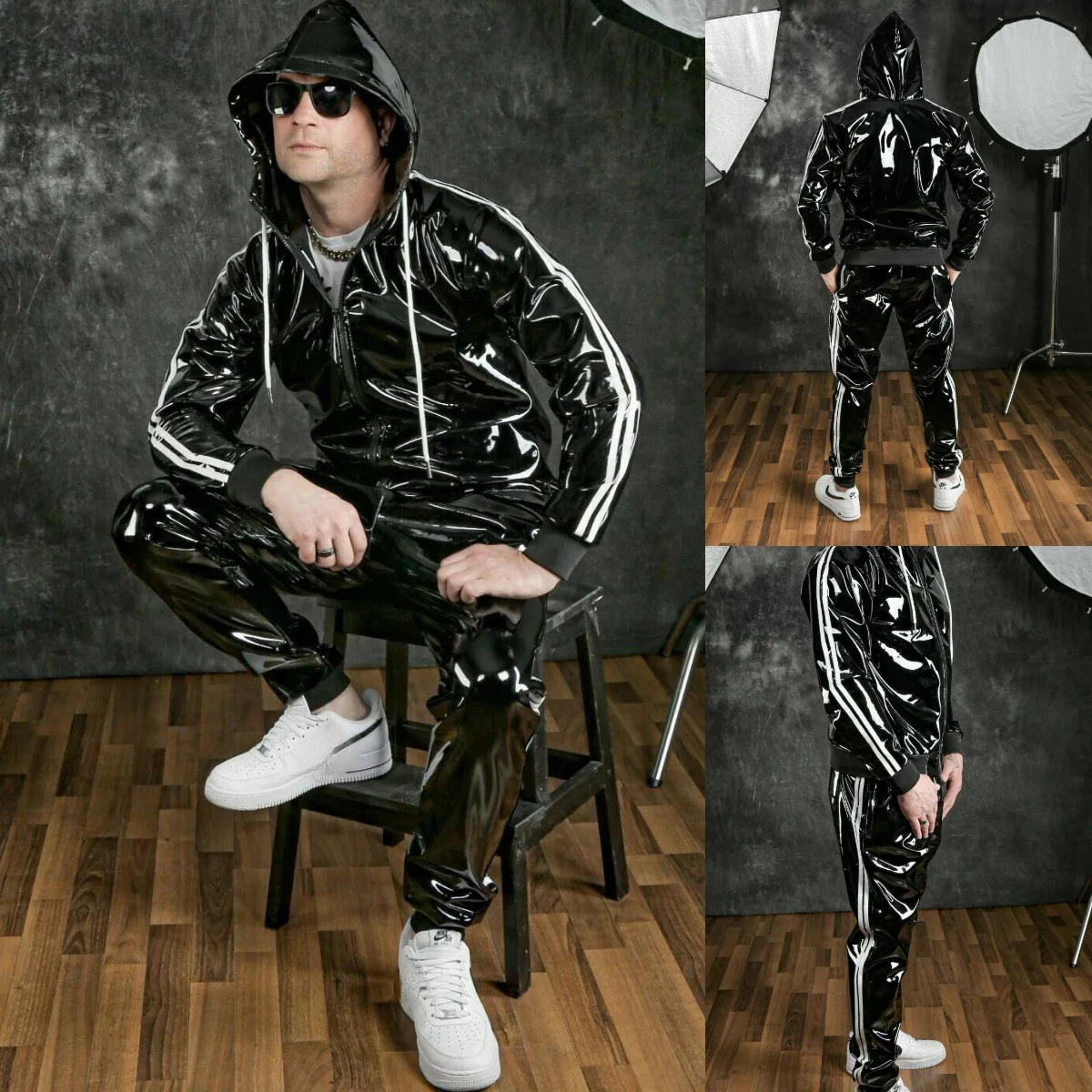 Men's PU Leather Jackets Hoodie Jogging Suit Motocross Jersey and Pants