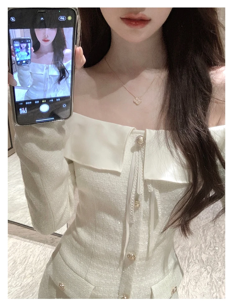 Elegant Tweed Slash Neck Short Dresses for Women Long Sleeve Slim Waist Birthday Party Dress Korean Fashion Vestidos Mujer