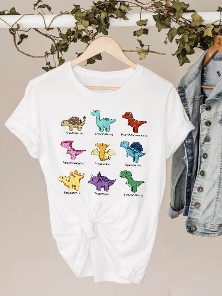 thumbnail image 1 of Camiseta con estampado de dibujos animados de dinosaurios y amor, ropa de verano de manga corta para mujer, camiseta básica gris, camiseta gráfica de moda, 1 of 5