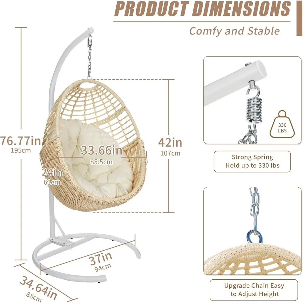 Hanging Egg Chair with Stand, 330lbs Capacity Patio Wicker Egg Swing Chair with UV Resistant Cushion for Bedroom Garden 2