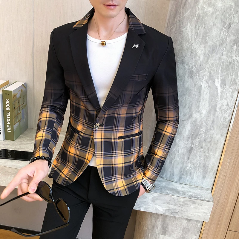Spring Colorblock Plaid Blazer Men Slim Casual Wedding Business Party Coat M-3XL